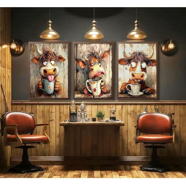 3pcs Funny Cow Canvas Wall Art Humor Dreaming Cow Drinking Coffee Posters Prints Paintings Playful Country Farmhouse Animals Wall Decor Pictures for