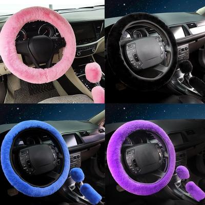 3-Piece Set Winter Thick Plush Car Steering Wheel Cover Soft Wool 38cm Diameter Plush Fur Wrap for Warmth And Style