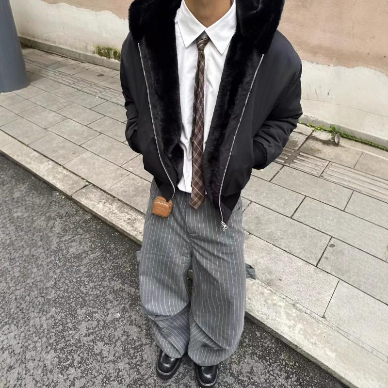 Mens Oversized Hooded Puffer Jacket With Faux Rabbit Fur Trim Warm Winter Cotton-Padded Coat Streetwear Casual Wear