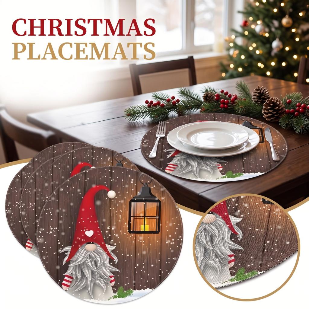 Set von 4 runden Weihnachtsplatzdeckchen, bedruckte Thermo-Tischsets für die Dekoration des Esszimmers