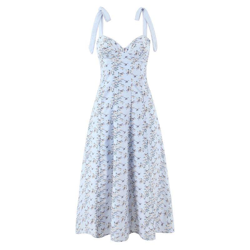 

Beautiful Dress House Same Style Tea Break Fresh Floral Sweet Bow Design Temperament Sling Dress Blue and purple floral dress L