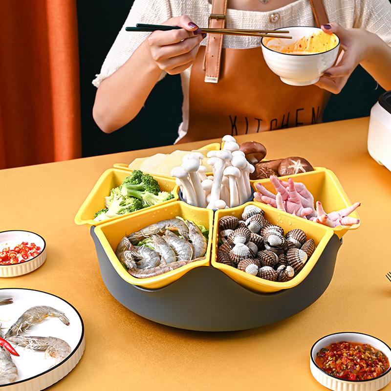 Large Double-layer 7-grid Vegetable and Fruit Platter Hot Pot with Dishes Loaded, Leached and Washed, Vegetable Basket, Rotatable Hot Pot Plate