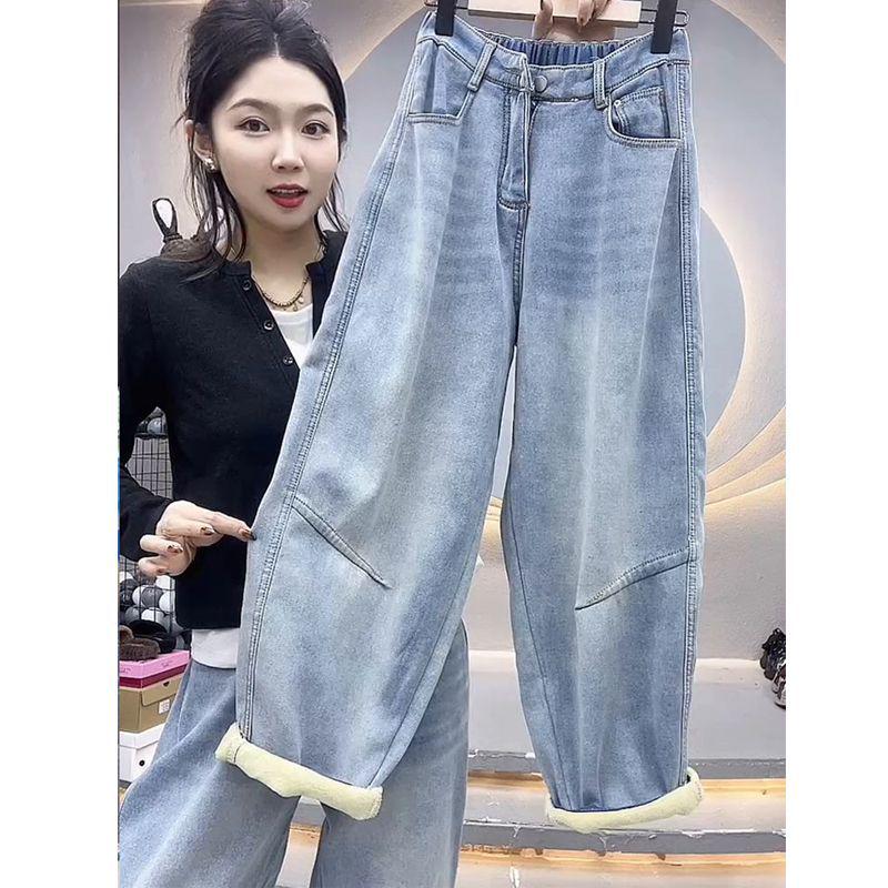 

Women s Plus Size Fleece-Lined Elastic Waist Dad Jeans - Autumn/Winter Pear Shape Slimming Loose Harem Pants M (90-105 jin)