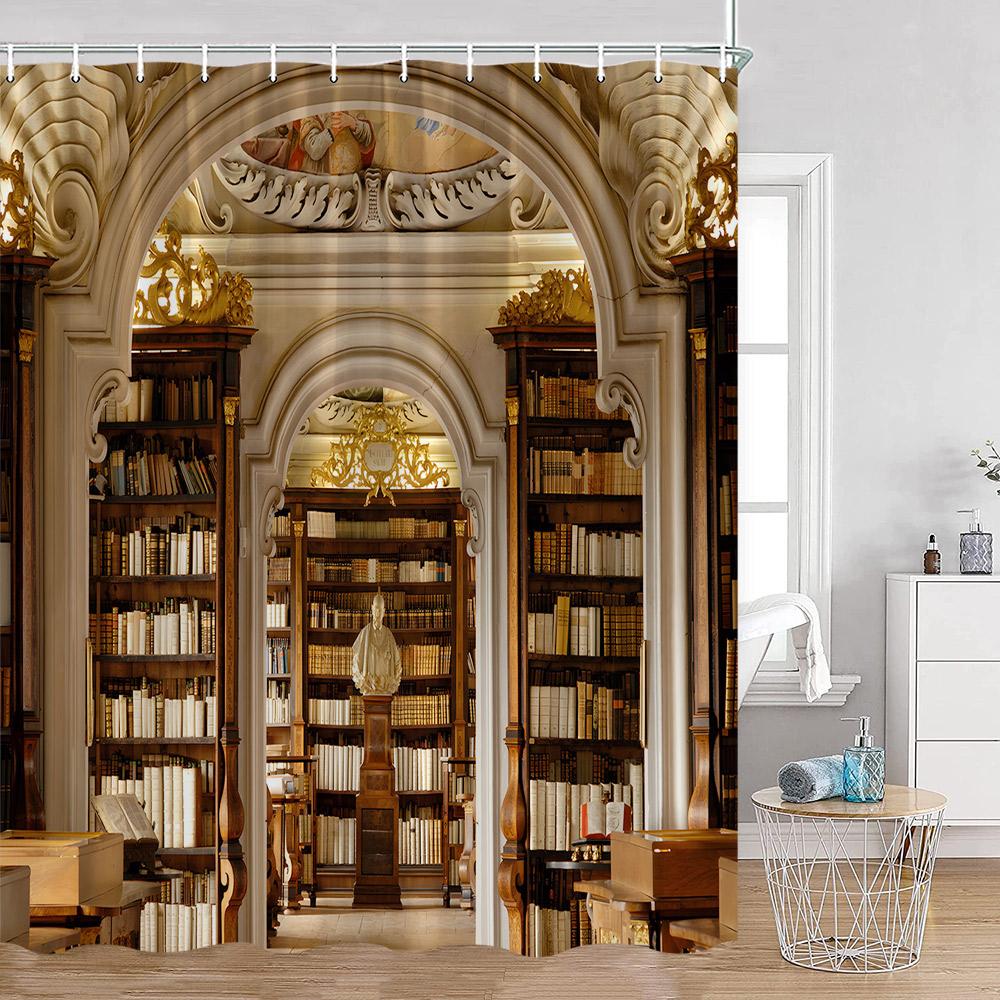Vintage Bücherregal Duschvorhänge Retro Bibliothek Europäischer Stil Bücherregale Badezimmer Dekorationen zum Studieren Retro Badvorhang