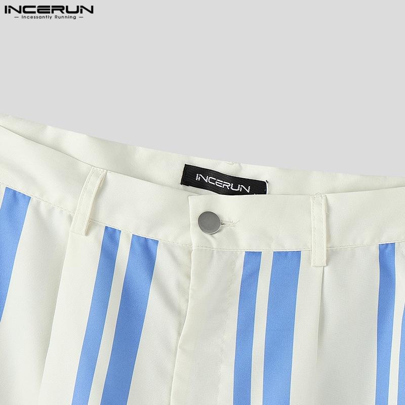 INCERUN Men Zipper Waist Striped Print Casual Loose Long Wide Legs Pants Trousers