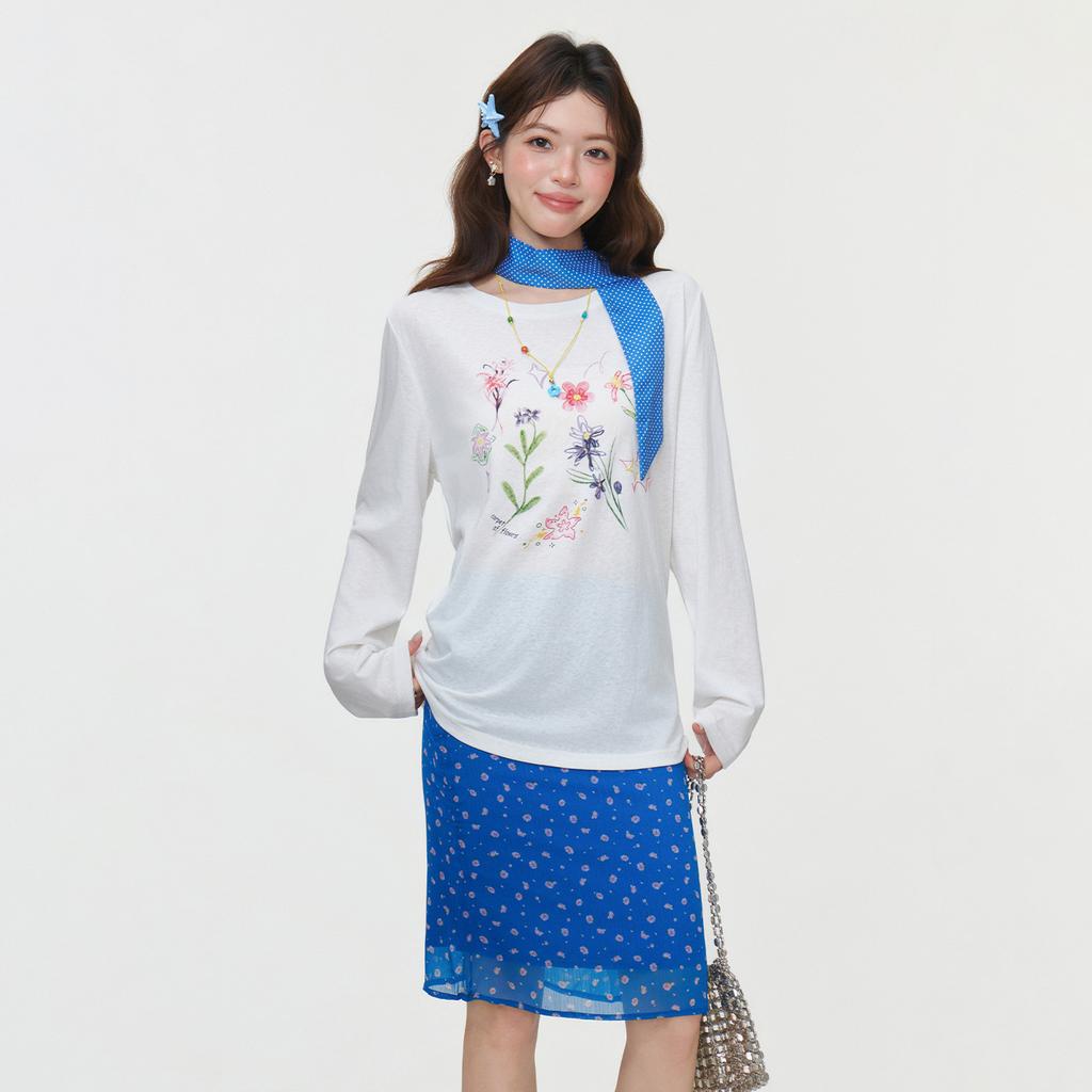 White versatile basic printed crew neck long-sleeved T-shirt spring new bottoming shirt inner