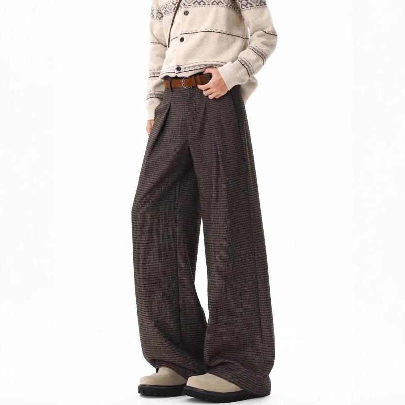 Womens High-Waisted Straight Leg Trousers With Houndstooth Stripe Lightweight Pleated Wide-Leg Pants Office Casual