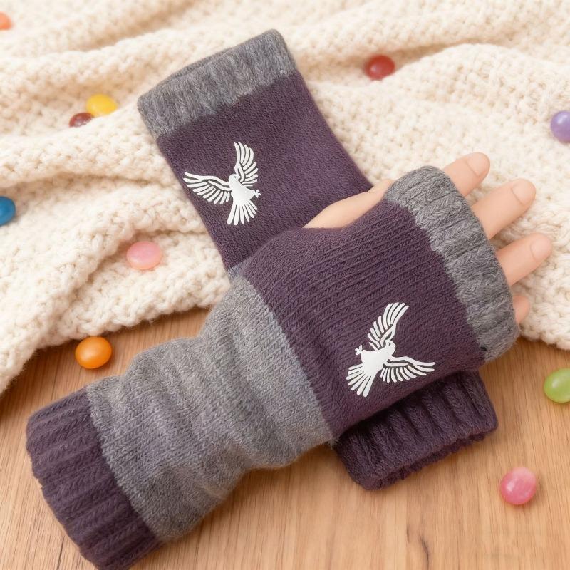 Gants en tricot sans doigts avec broderie de chat et patchwork, Gants décontractés ouverts aux doigts tendance pour femme, Mitaines chaudes d'hiver sans doigts