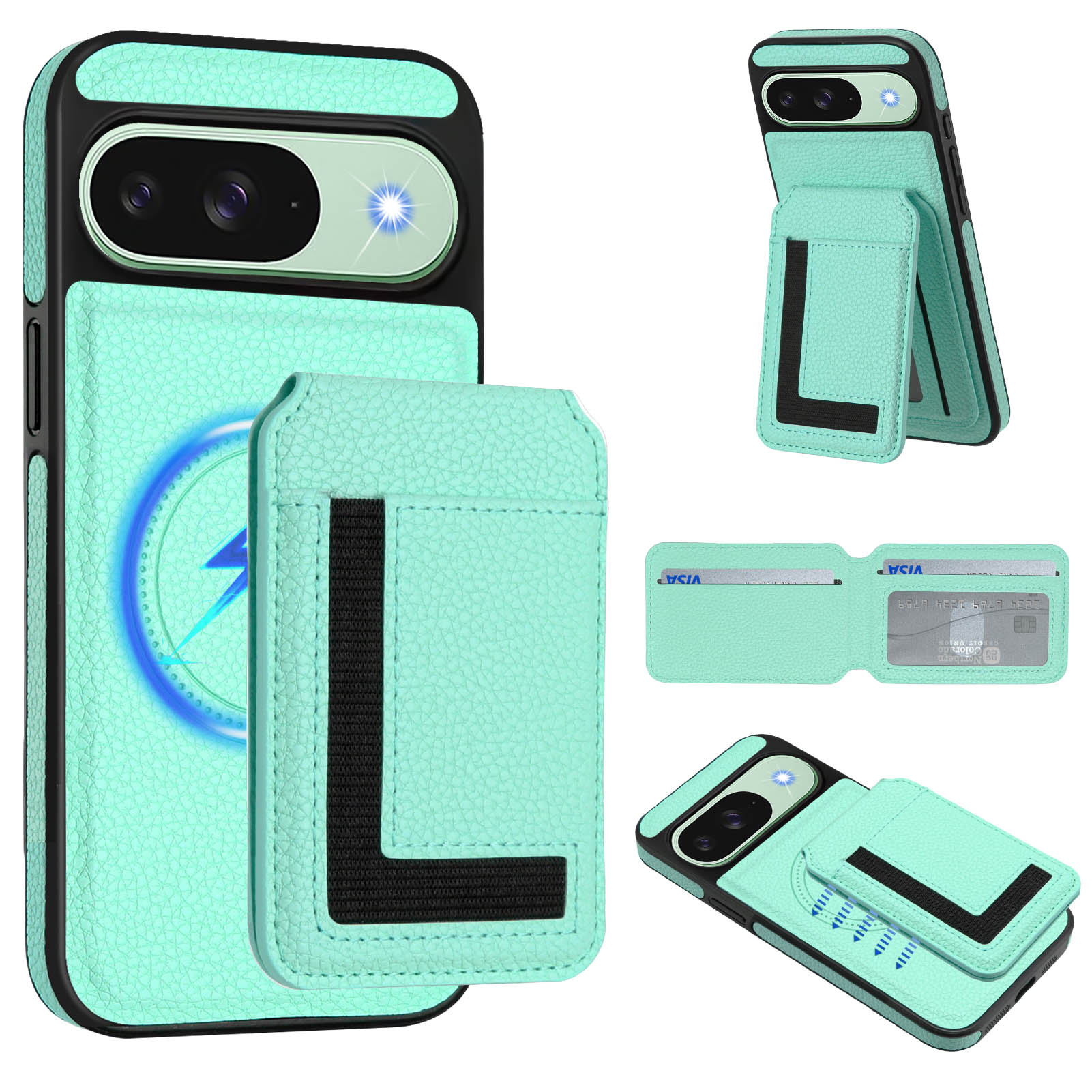 

For Google Pixel 9 Pro/Google Pixel 9 CX01 Magnetic Case TPU+PU Leather Phone Back Cover with Detachable Card Holder Mint Green