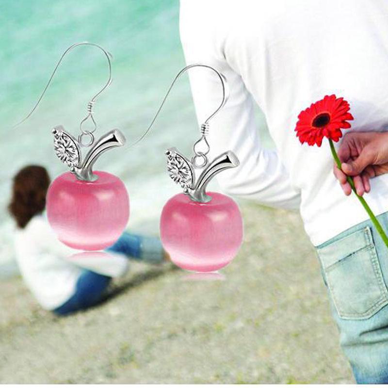 Korean Cat's Eye Stone Apple Christmas Earrings: White Gold Plated Women's Dangle Studs