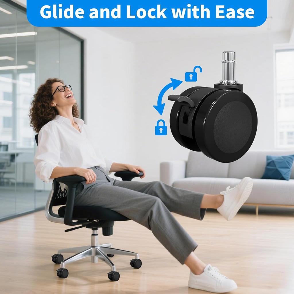 MySit Office Chair or Stool Caster Wheels with Brake 11x22mm Replacement Heavy Duty Easy tallation Universal Fit Mute PU Casters for Hardwood Floors