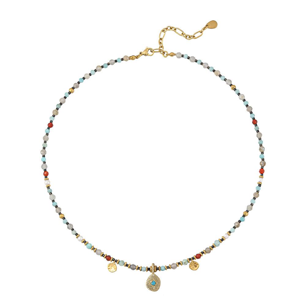 Summer Escape Series, Natural Stone Beaded Necklace Bracelet, Bohemian Holiday Titanium Steel Jewelry Set