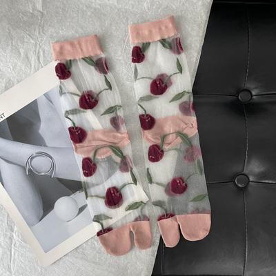 Red Cherry Pattern Summer Crystal Silk Hollow Out Sheer Two-Toed Japanese Tabi Sox Ultra Thin Transparent Woman Split Toe Socks