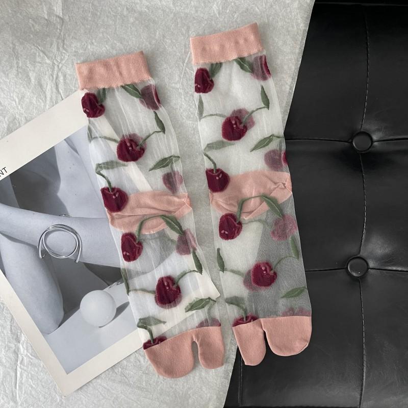 Ultra-Thin Transparent Woman Split Toe Socks Red Cherry Pattern Summer Crystal Silk Hollow Out Sheer Two-Toed Japanese Tabi Sox