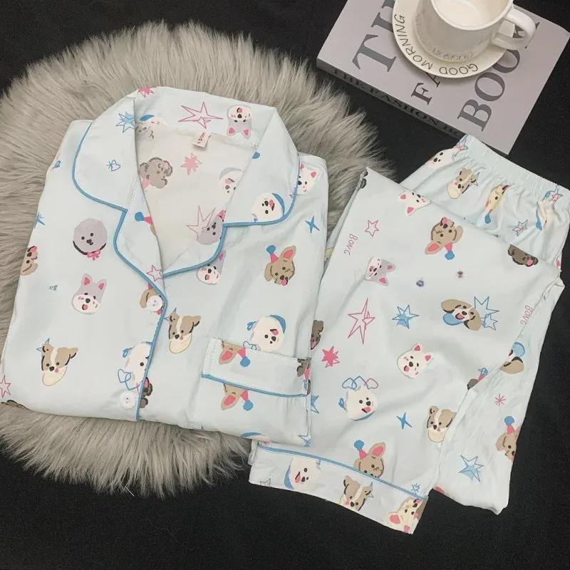 "Dámské bavlněné pyžamo s třešňovým medvídkem - Jaro/Podzim, Dlouhý rukáv, Roztomilý kreslený svršek"