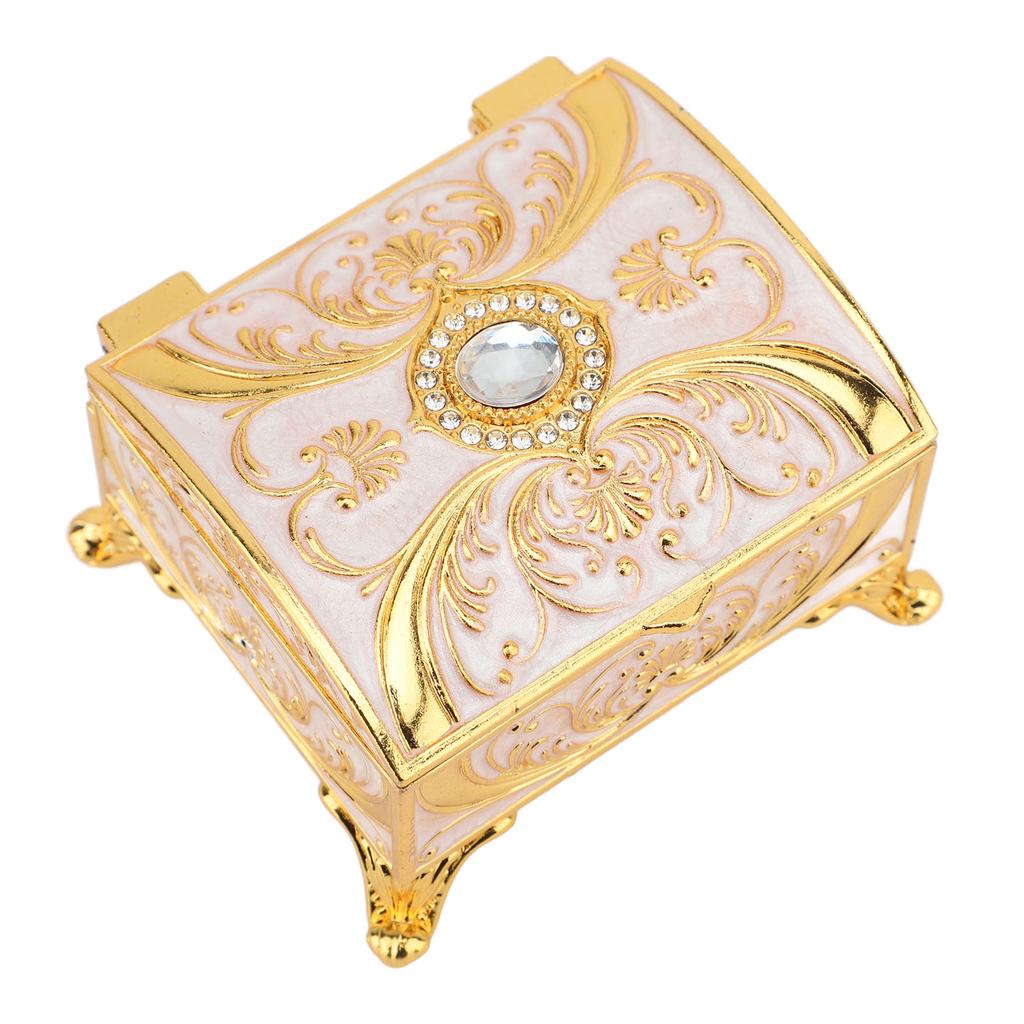 Vintage Enamel Trinket Organizer Rectangular Shape Velvet Lining Jewelry Storage Box for Girls Gold White