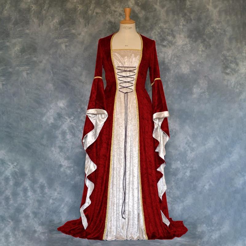 European and American Style Gold Velvet Lap-up Trumpet Sleeves Vintage Medieval Long Dress Dress