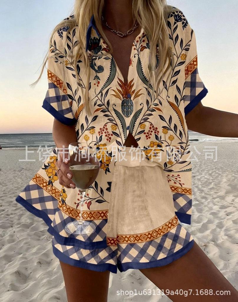 Hot Sale Casual Holiday Shirt Set Beach 1D Printed Shirt Shorts Women's Suit Customized-Made