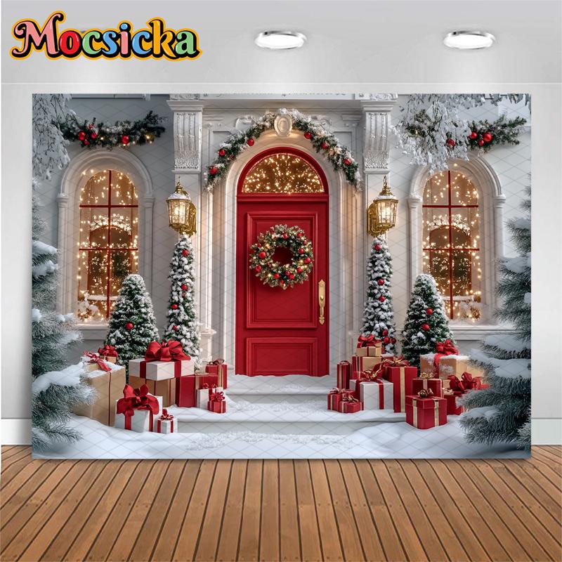 Mocsicka Christmas Photography Backgrounds Xmas Tree Decor Family Festival Party Photo Backdrops Winter Snow Door Pattern Banner