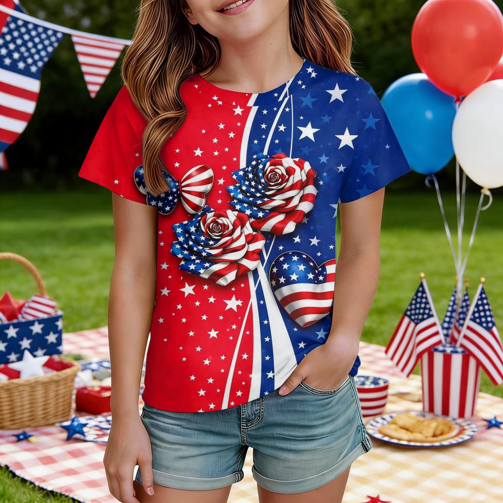 Kids Independence Day Print Round Neck Short Sleeve Casual T-shirt