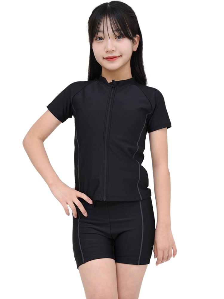 

Swimsuit for school school top and bottom short with UV 150 [AQUAFAIRY] kids, girls, swimsuit, swimsuit, separate, two-piece, set, sleeves, zip-up,