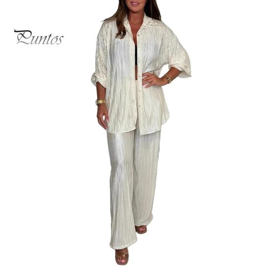 

Повседневный комплект из 2 предметов для женщин, рубашка с длинным рукавом и застежкой на пуговицы, широкие брюки, летний плиссированный домашний костюм 2XL бежевый