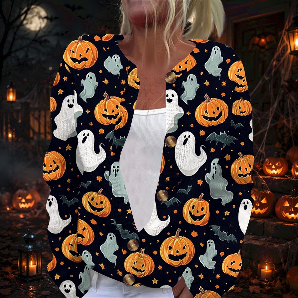 Women's Halloween Print Long Sleeve Knit Cardigan Button Down Coat