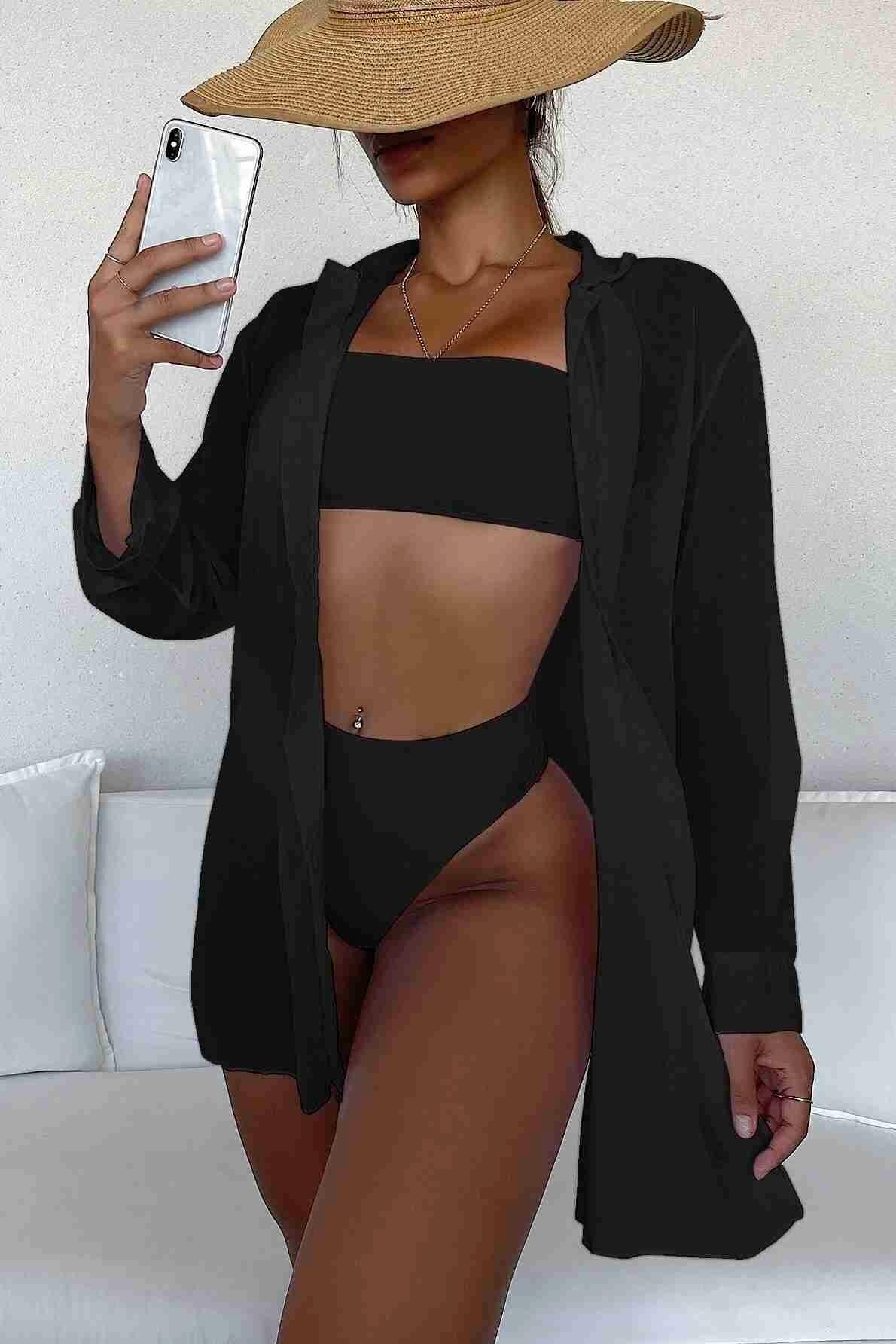 

Шифоновая рубашка-рубашка Angelsin, пляжное платье, парео, кимоно, кафтан, черный XS