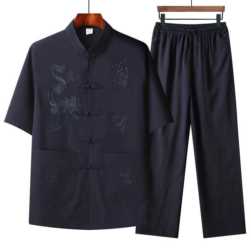 Men's Embroidered Short Sleeve Tang Suit - Loose Fit Dragon Set for Fathers and Seniors