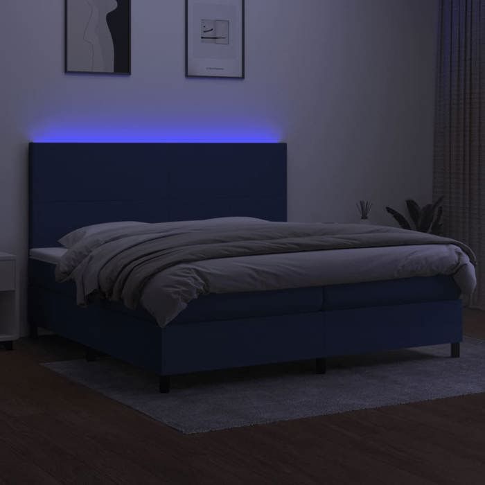 Exclusive House - Bed Slatted Base and Mattress and Blue LED 200x200 Cm Fabric