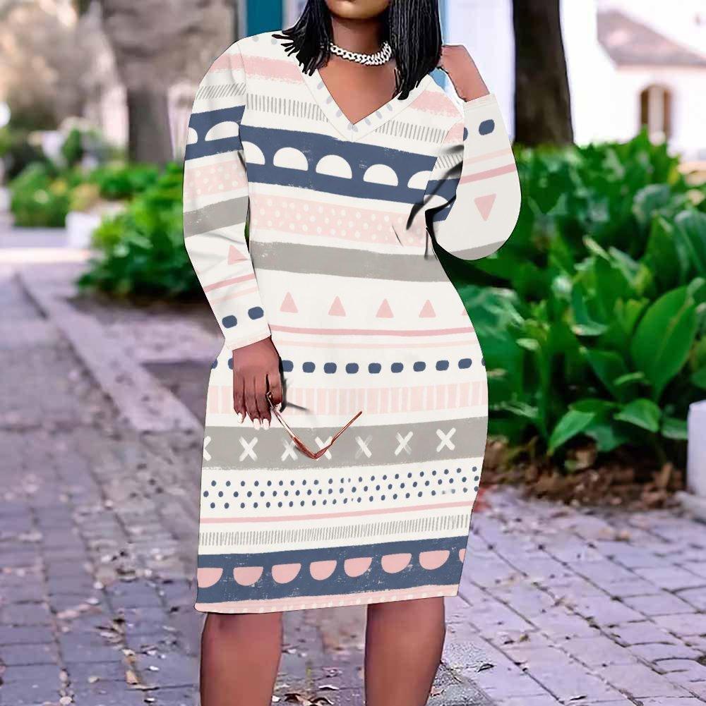 Women Plus Size V Neck Long Sleeve Printed Fitted Straight Hem Dress