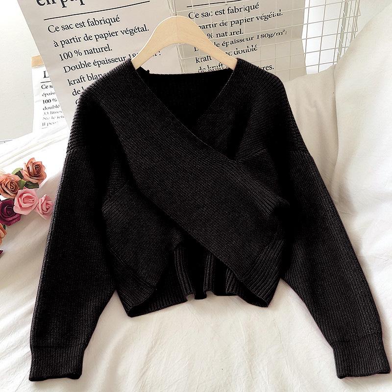 Women's Autumn/Winter 2021 Crossed Knit Short Sweater - Retro High Waist Loose Pullover.