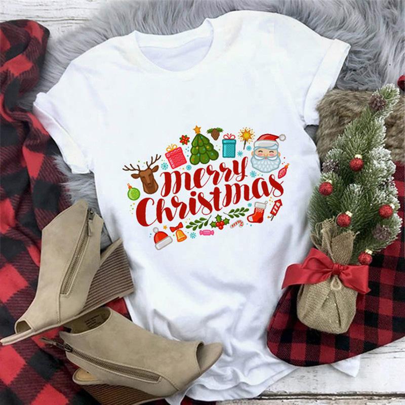 Women's Crew Neck Short Sleeve Graphic Print Christmas T-Shirts Loose Fit Casual Tees