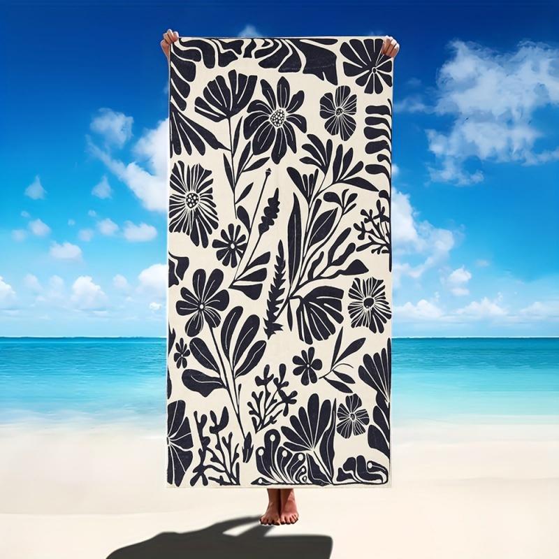 Boho Black White Botanical Floral Print Beach Towel Quick Dry Sand Free Absorbent Bath Towel Outdoor Summer Travel Blanket