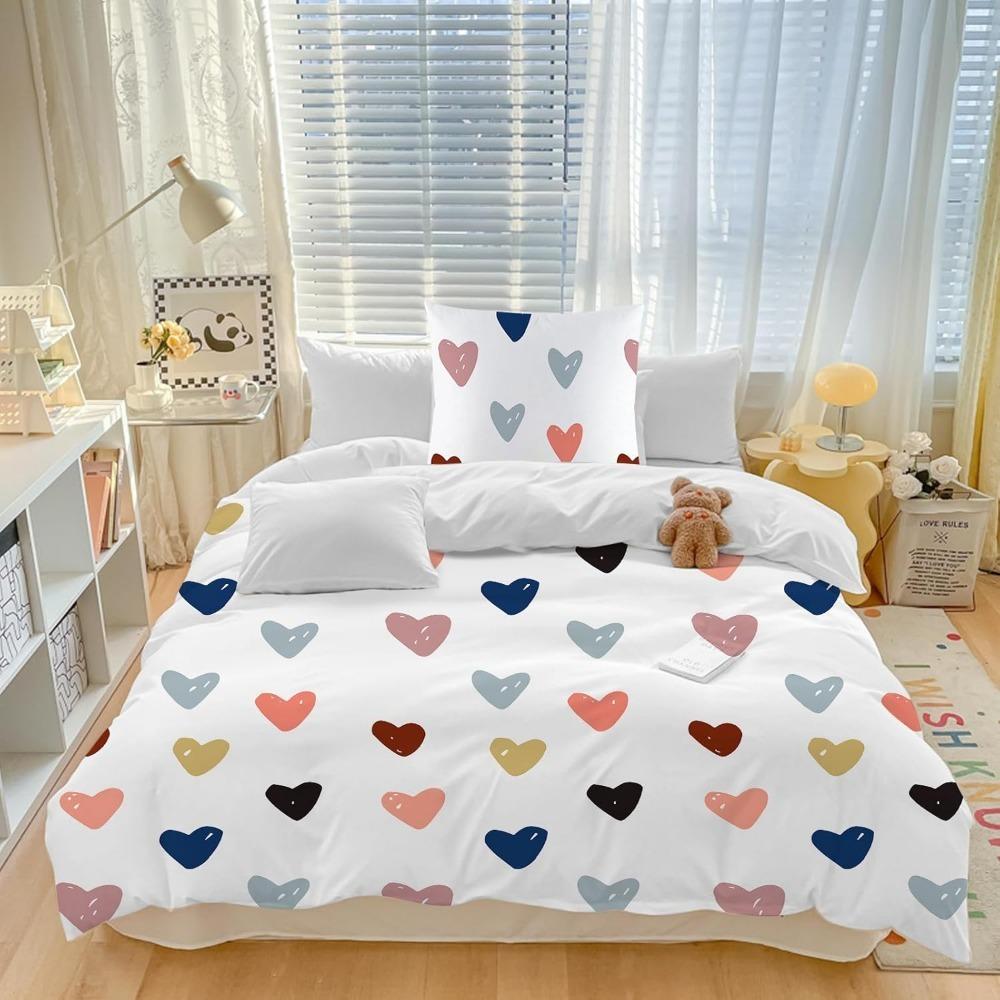 aesthetic heart-shaped pattern, Duvet Cover White red zipper ultra-fine fiber down duvet cover setsuitable for girls and women