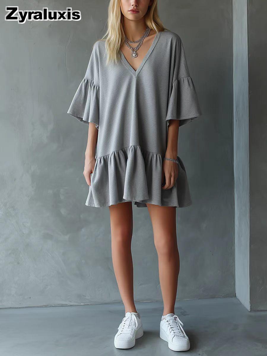 New Arrival Women s Summer Ruffled V-Neck Loose A-Line Skirt S серый