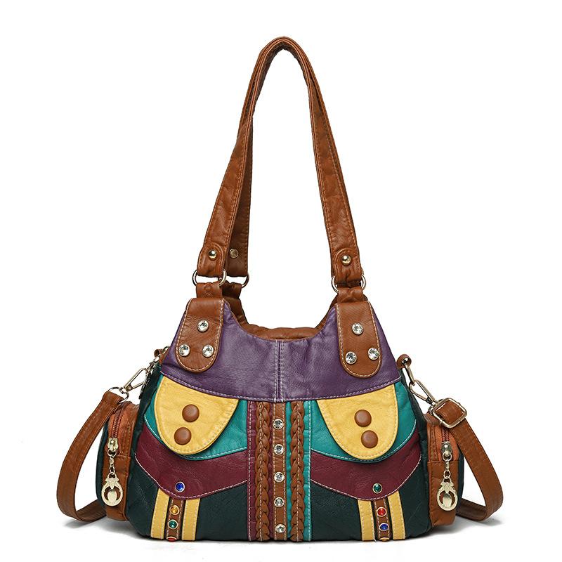 Colorful PU Leather Handbag for Women – Boho-Style Patchwork Design with Braided Details and Adjustable Strap, Perfect for Casual Wear