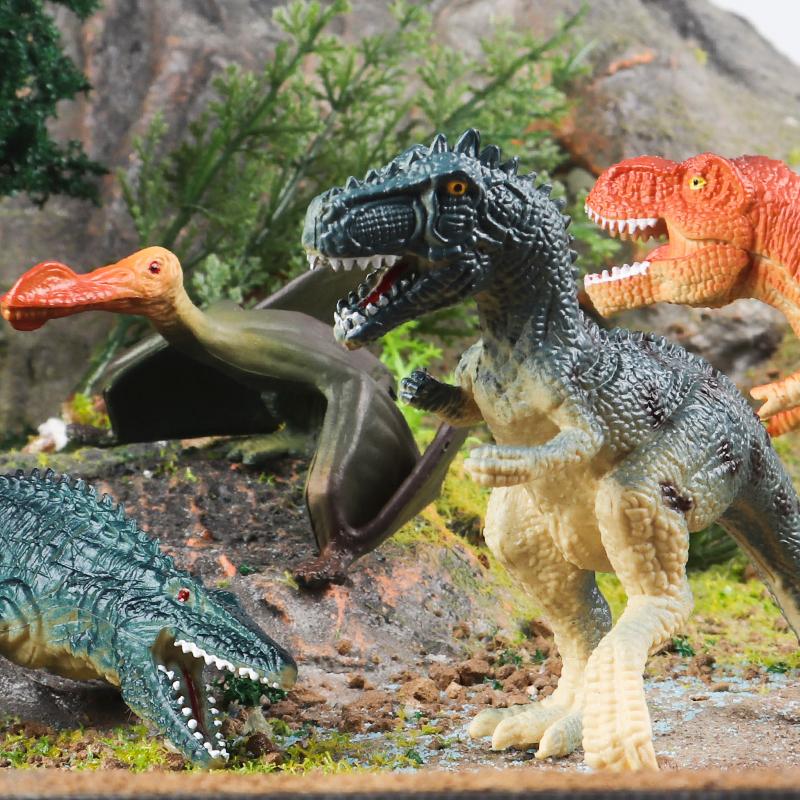 Oenux 4pcs Small Jurassic Dinosaur Set Action Figure T-Rex Mosasaurus Velociraptor Carnotaurus Animals Model Educational Kid Toy