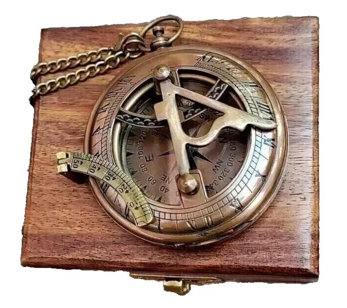Compass Sundial Pocket Compass with Leather Case Nautical Brass Christmas Gift
