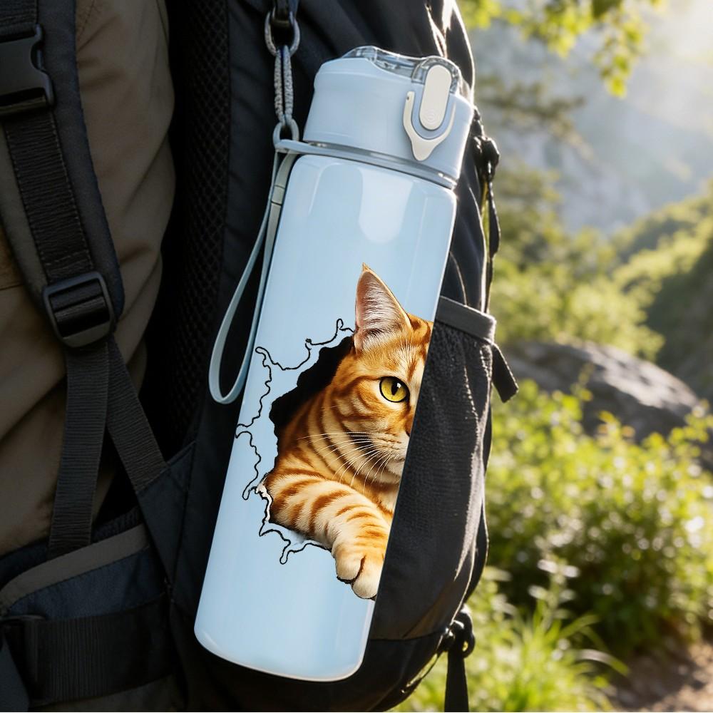 1PC Cat Head Tear Through Paper Print 750ml Color Plastic Sports Water Bottle Leakproof Flip Straw Lid Suitable for Sports Office Home Use