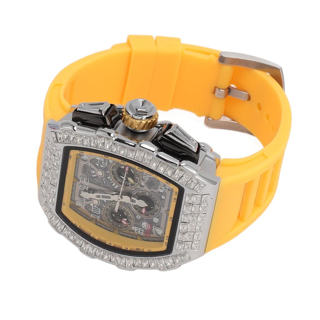 Men Mechanical Watch 30M Waterproof Dial Hollow Automatic Mechanical Wrist Watch with Silicone Strap Silver Yellow