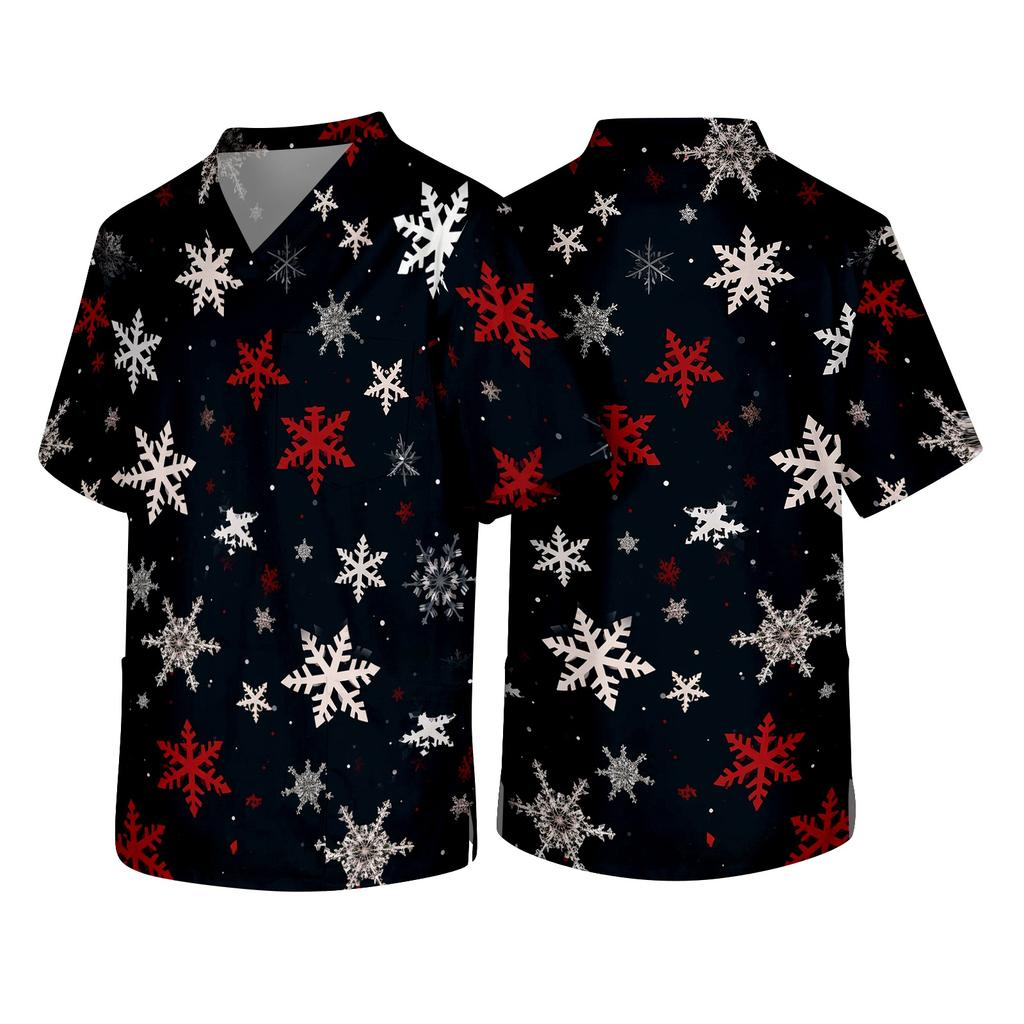 Men's Christmas Theme Caregiver Uniform, Holiday Scrub Top for Nurses and Workers