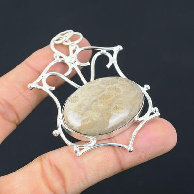 Natural Fossil Coral Gemstone Pendant Gray 925 Sterling Silver Indian Jewelry