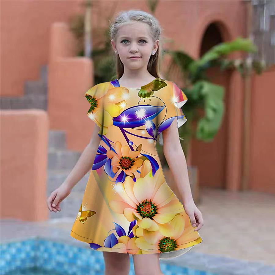 

Платья с принтом сверкающих цветов для девочек. Детское праздничное платье для девочек. Свободная облегающая юбка с короткими рукавами для девочек старше четырех лет. 180 жёлтый