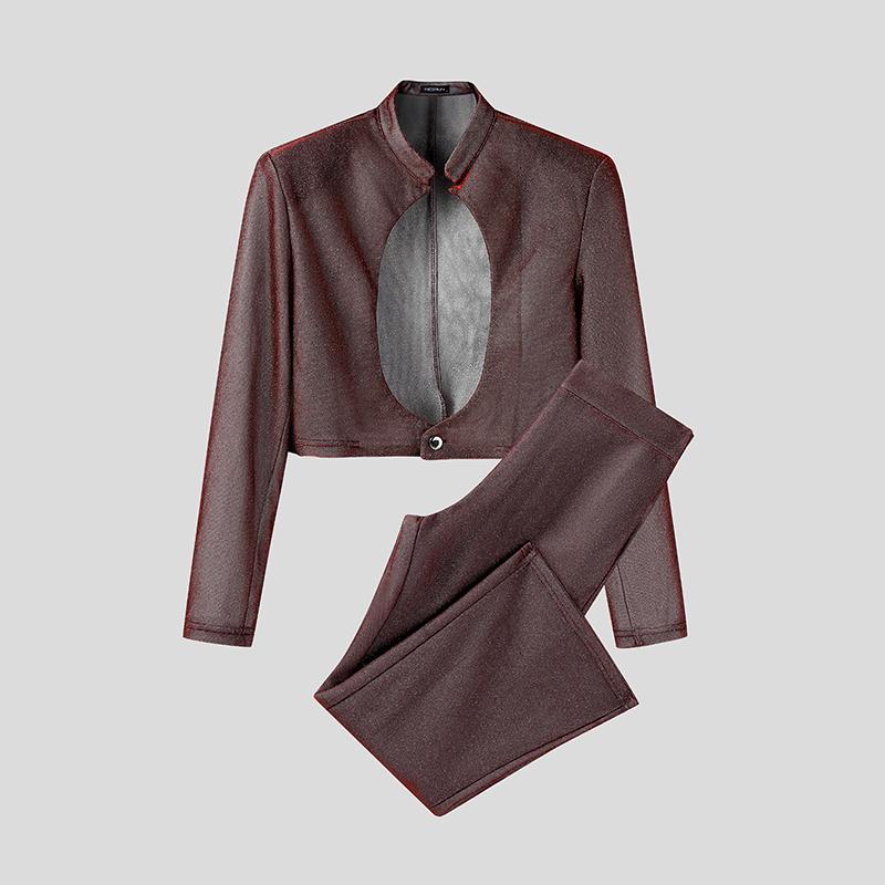 

INCERUN Autumn Men Glitter Long Sleeve Cutout Cropped Tops and Long Pants Outfits Sets 4XL червоний