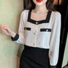Damenblusen Hemden 2025 Frühling Langarm Damenbluse Hemd Quadratischer Kragen Schwarz Weiß Chiffonbluse Hemd Damen Tops J587