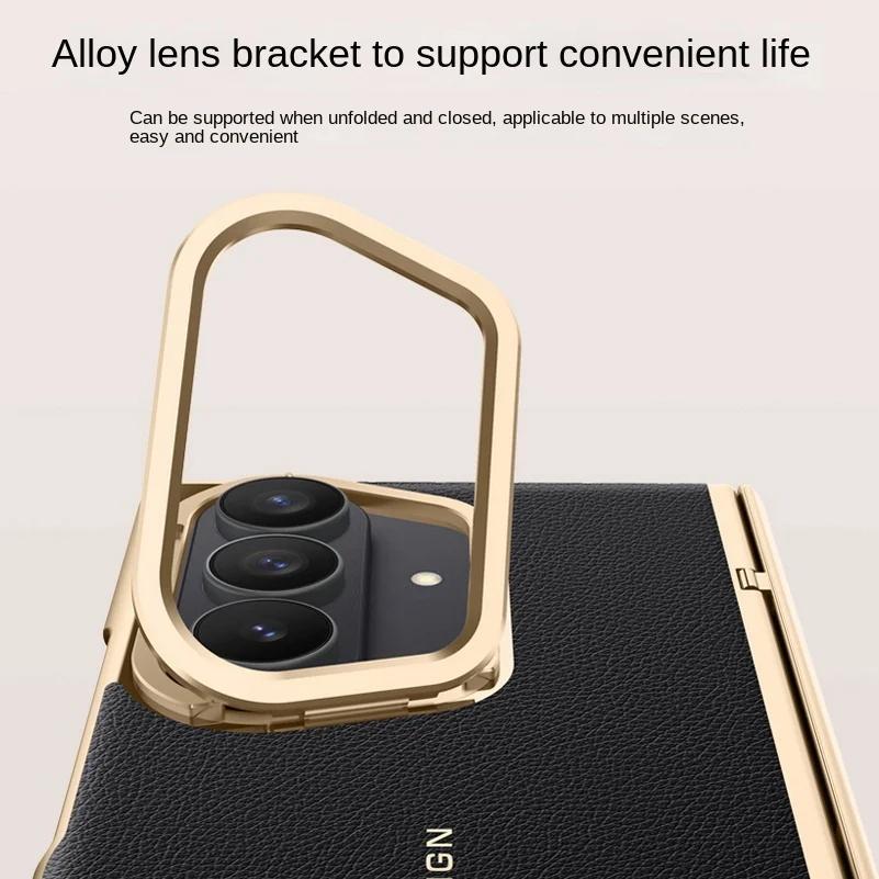 Husă simplă din piele electroplată cu balamale cu arc pentru Samsung Galaxy Z Fold 7, protecție completă din sticlă temperată pentru capacul din spate