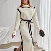 European & American Women's High-Neck Knitted Dress, Fall 2025 - Waist-Cinching, Long-Sleeve Slit French Style