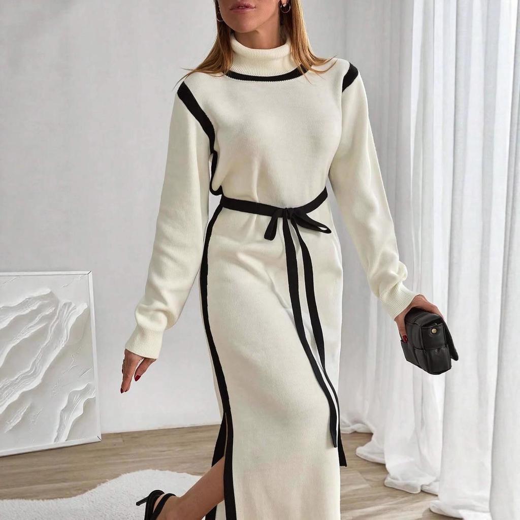 European & American Women's High-Neck Knitted Dress, Fall 2025 - Waist-Cinching, Long-Sleeve Slit French Style