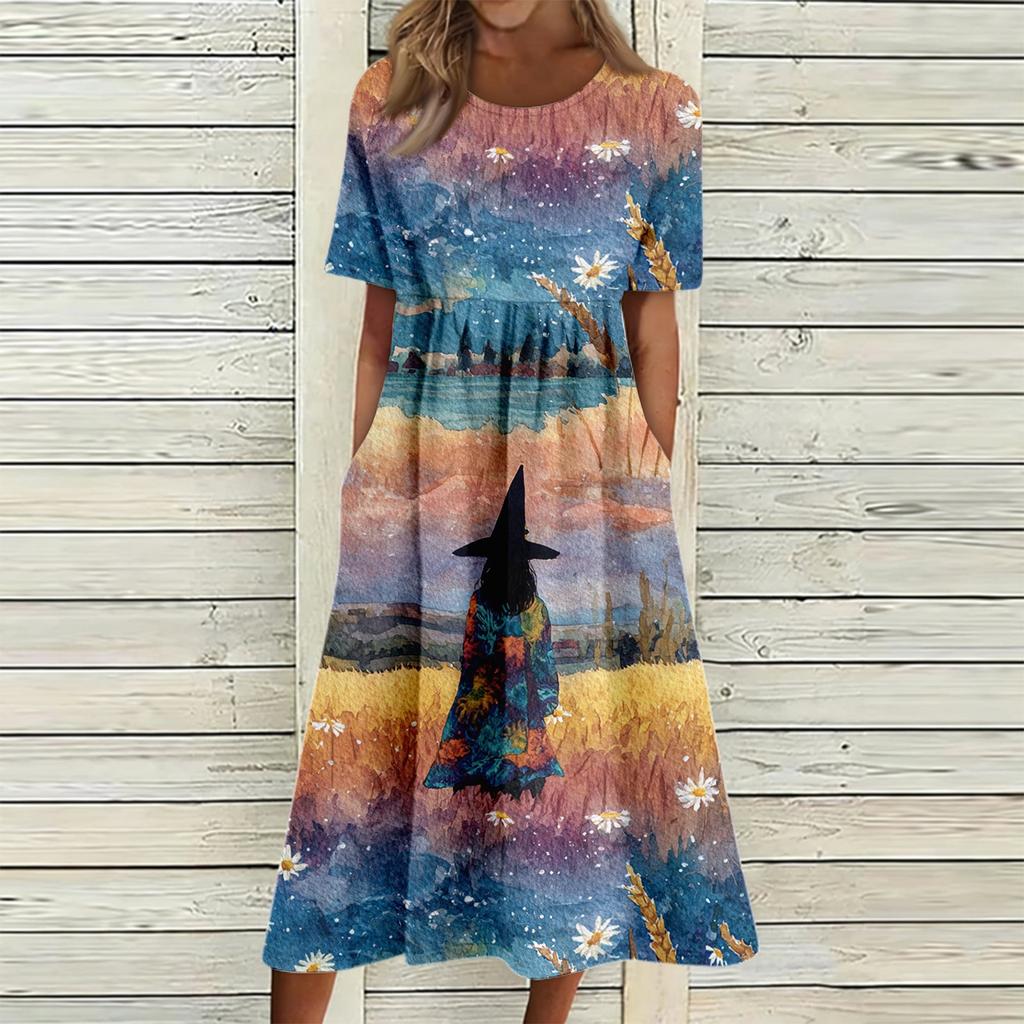 Women's Casual Halloween Print Patchwork Dress Short Sleeve Round Neck Pocket Midi Dress Loose Fit Comfortable Everyday Wear